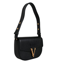 Versace Black Grainy Calf Leather Logo Crossbody Shoulder Women's Bag