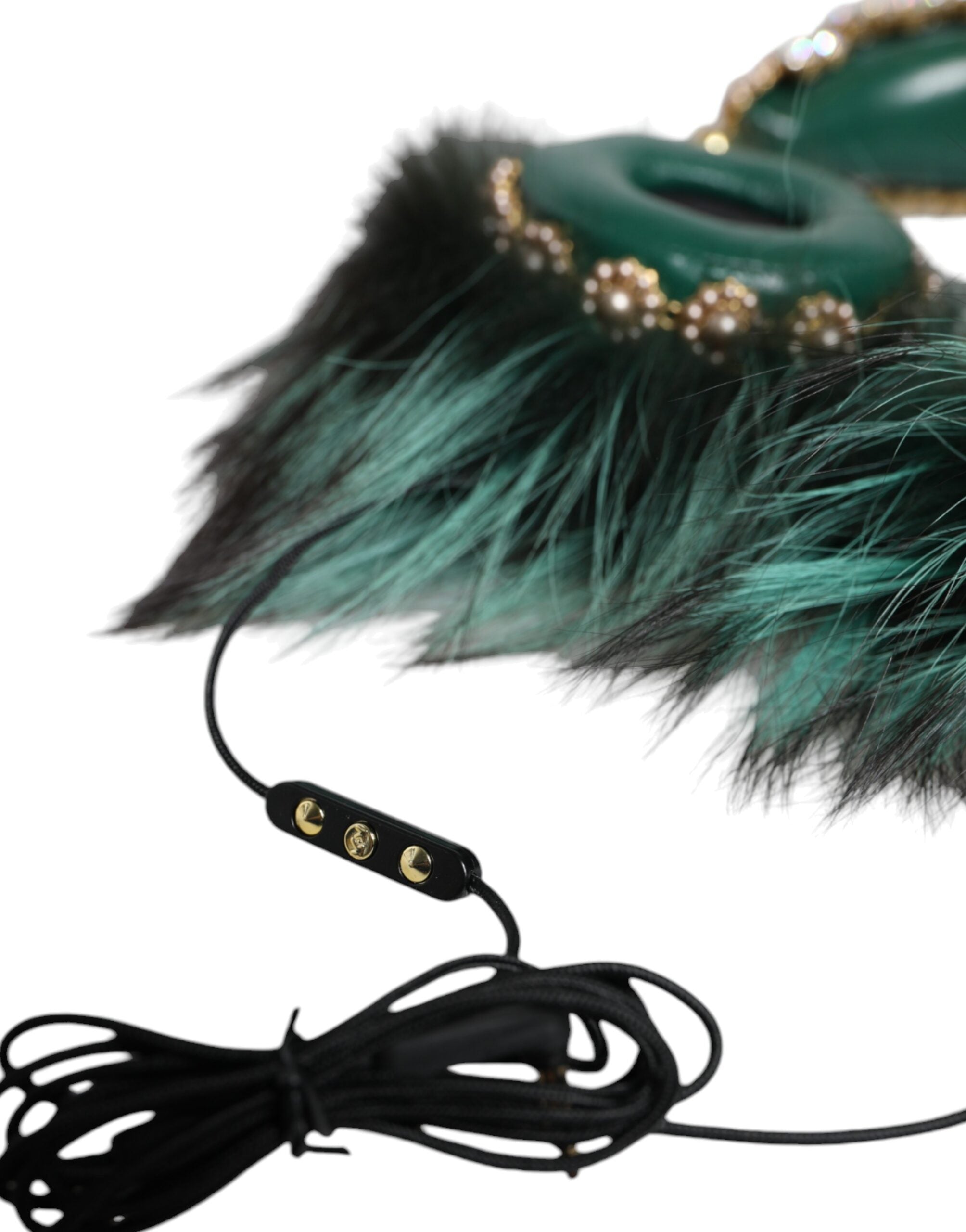 Dolce & Gabbana Dolce & Gabbana Green Gold Crystal Fur Headset Audio AUX Women's Headphones