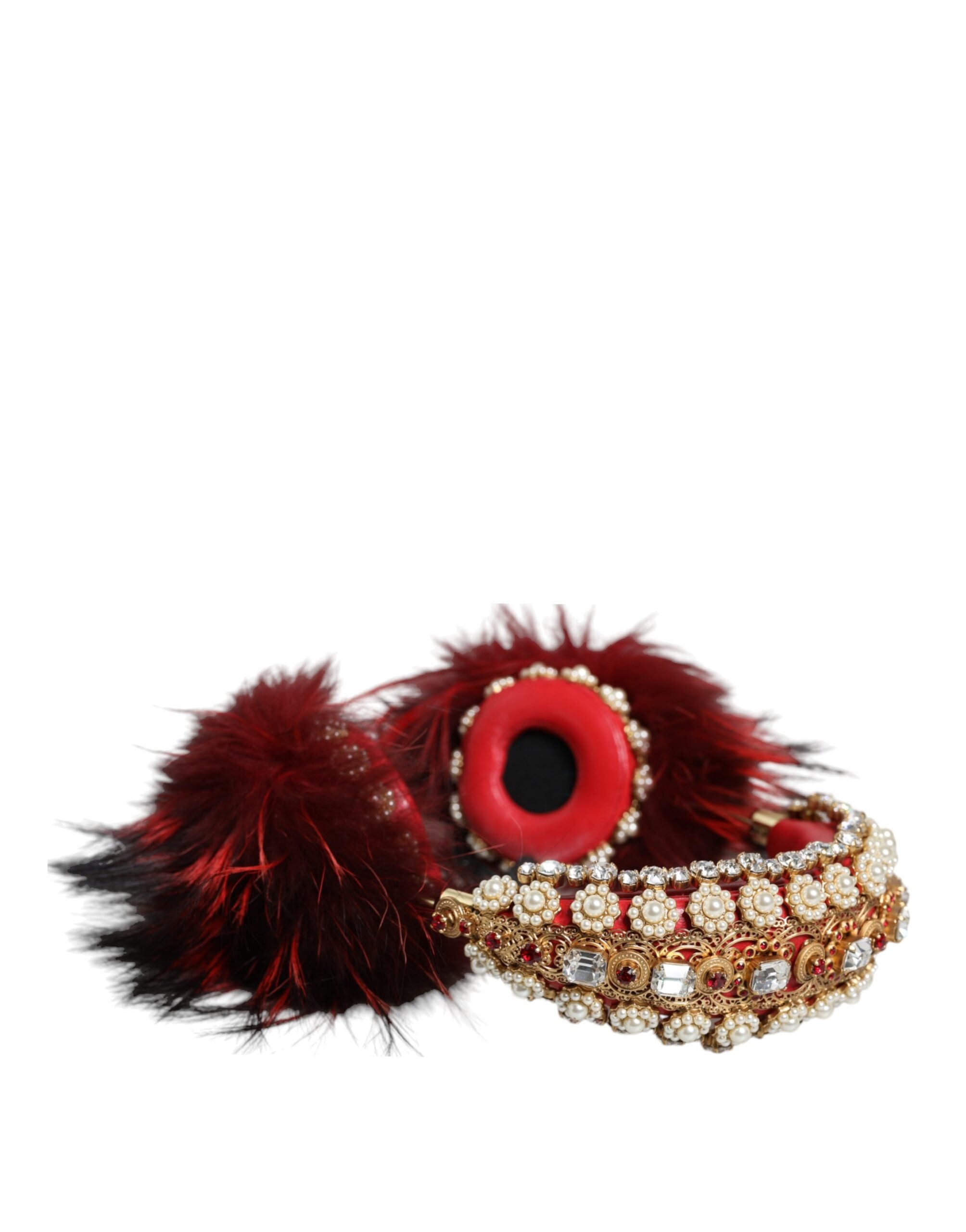 Dolce & Gabbana Dolce & Gabbana Red Gold Crystal Fur Headset Audio AUX Women's Headphones