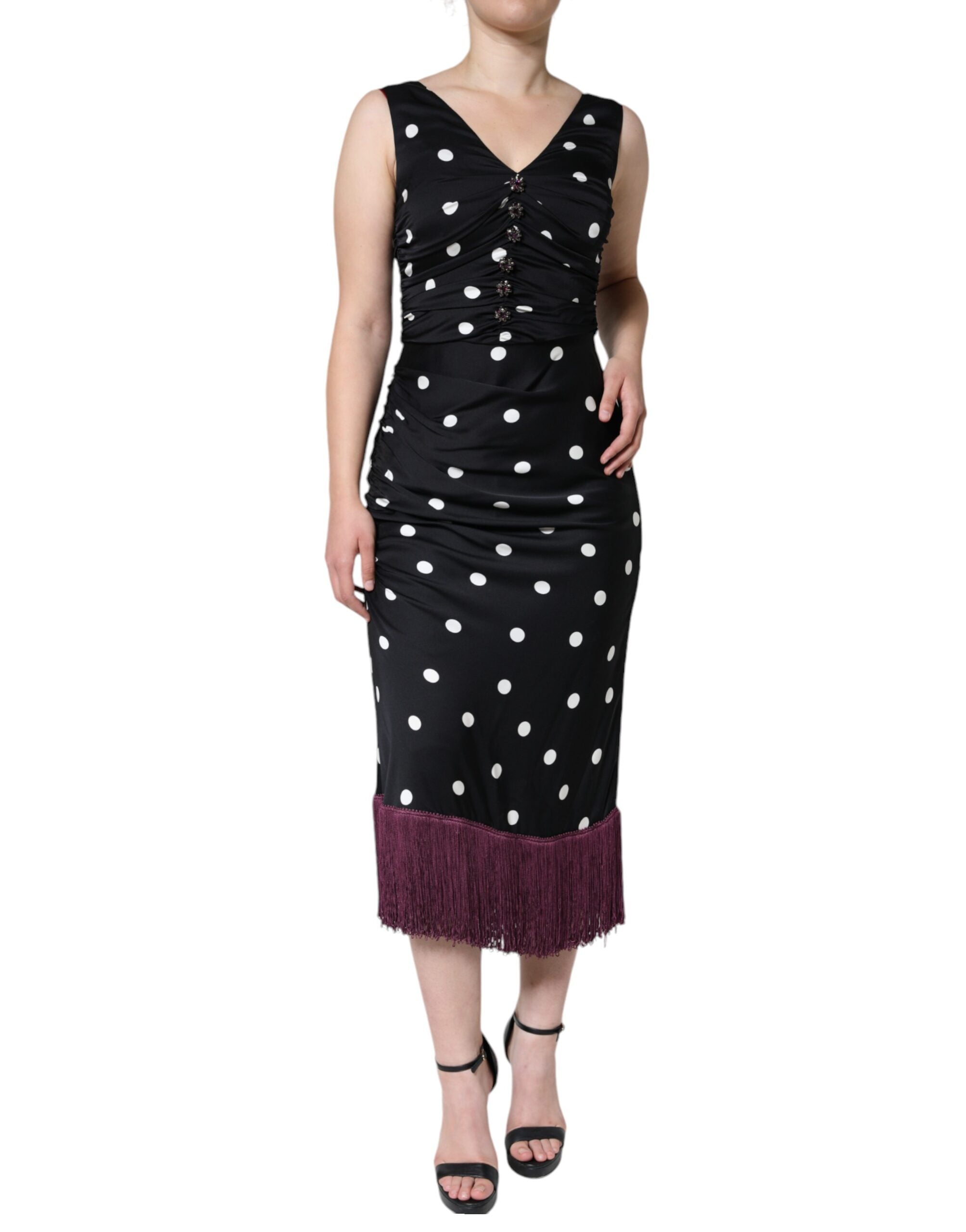 Dolce & Gabbana Black Silk Polka Dot V-neck Tassel Midi Women's Dress (Pre-Owned)