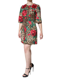 Dolce & Gabbana Brown Leopard Red Roses Cotton A-line Women's Dress