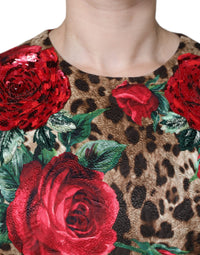 Dolce & Gabbana Brown Leopard Red Roses Cotton A-line Women's Dress