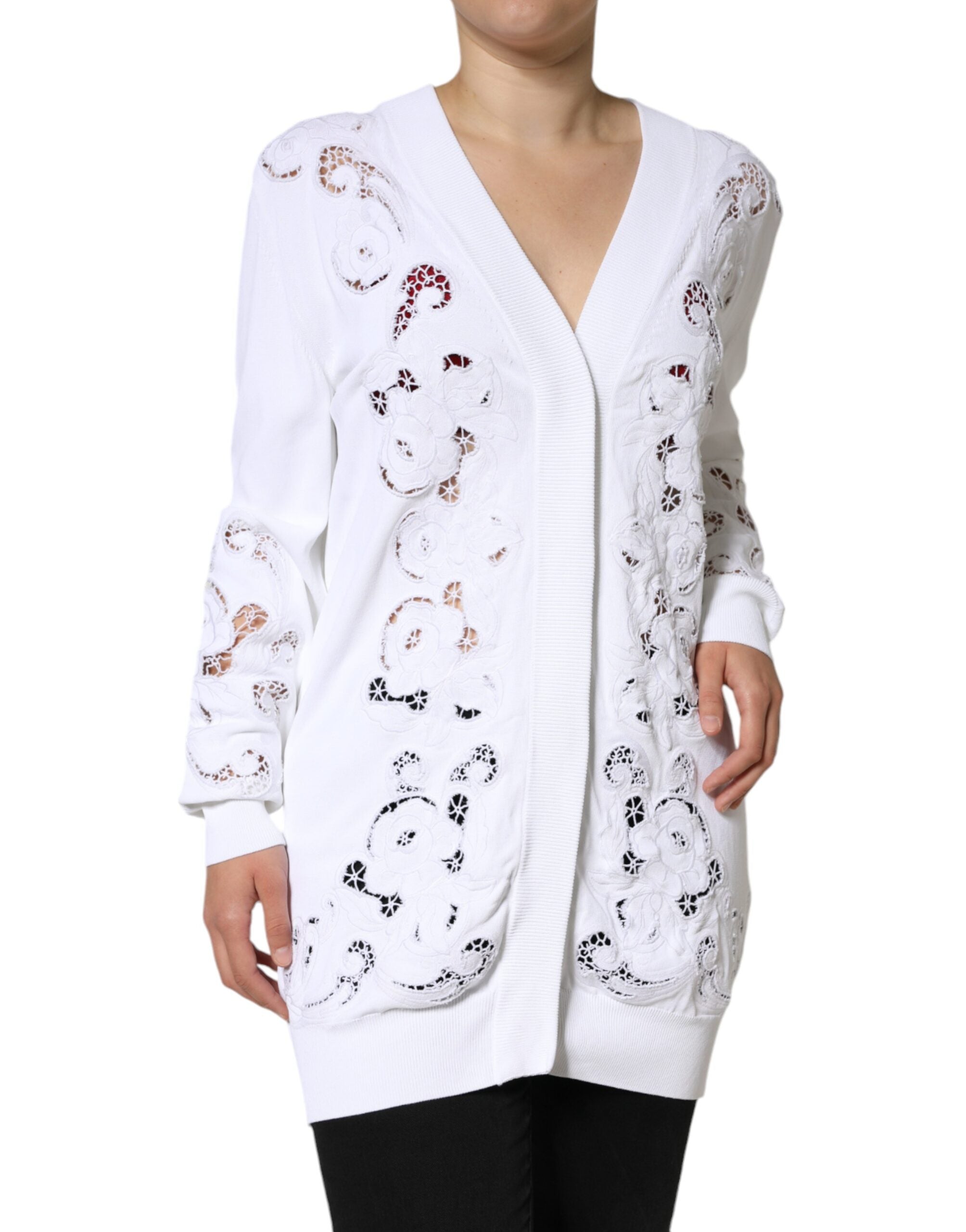 Dolce & Gabbana White Viscose Floral Cut Out Cardigan Women's Sweater (Pre-Loved)