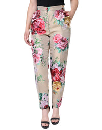 Dolce & Gabbana Beige Floral Jacquard High Waist Tapered Women's Pants