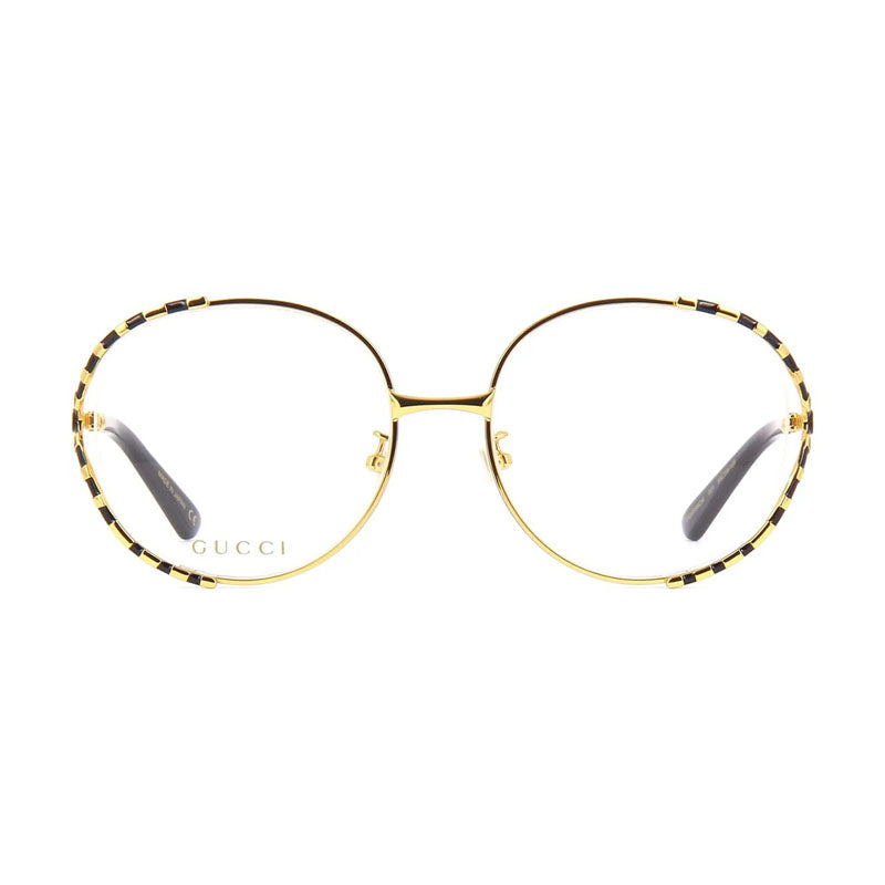 Gucci Eyeglasses Round Full Rim, Gold/Black Frame and Clear Demo Lenses Lens GG0596OA001