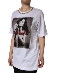 Dolce & Gabbana White Crystal Neckline Embellished Printed Women's T-shirt