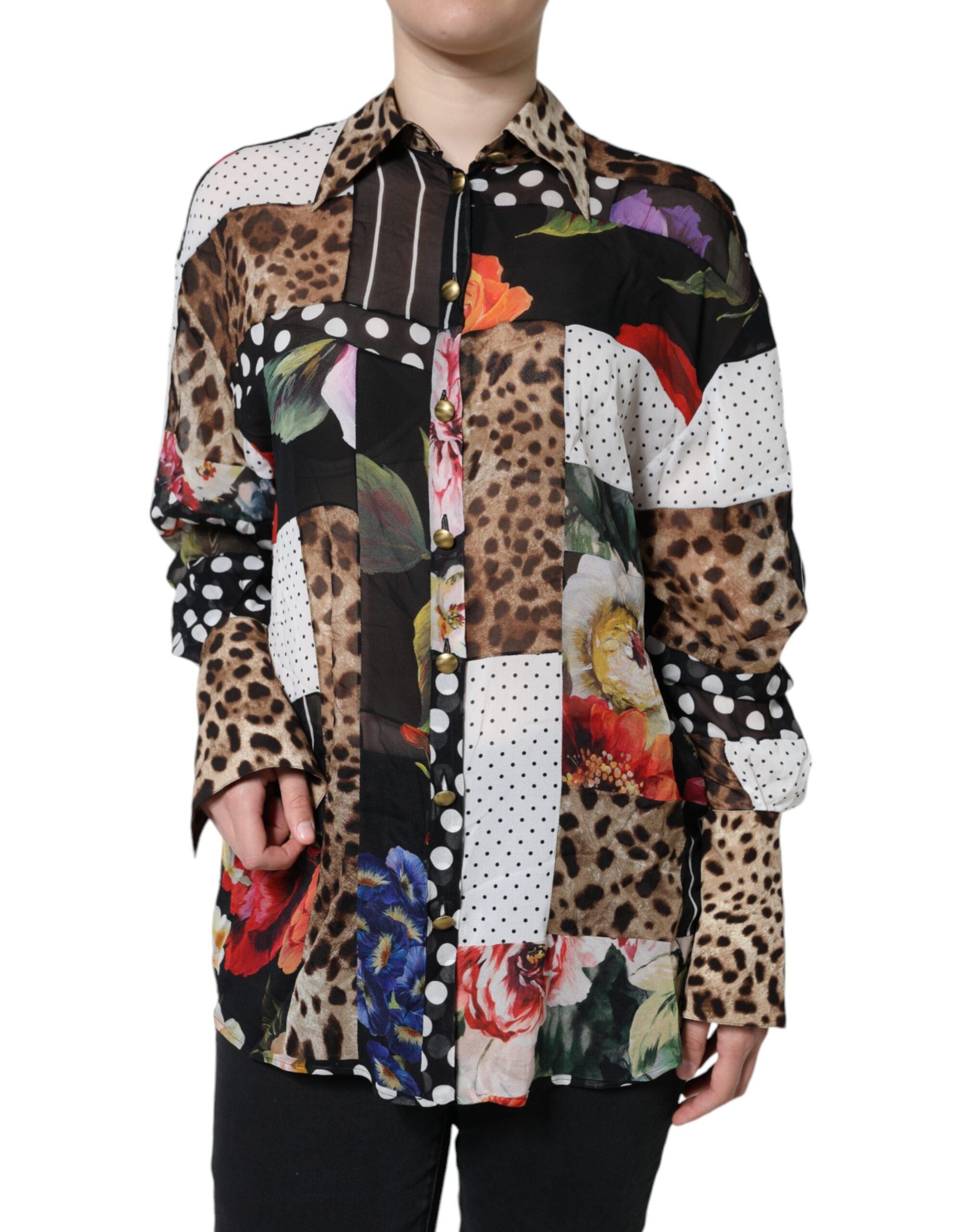 Dolce & Gabbana Multicolor Patchwork Silk Collared Blouse Women's Top (Pre-Owned)