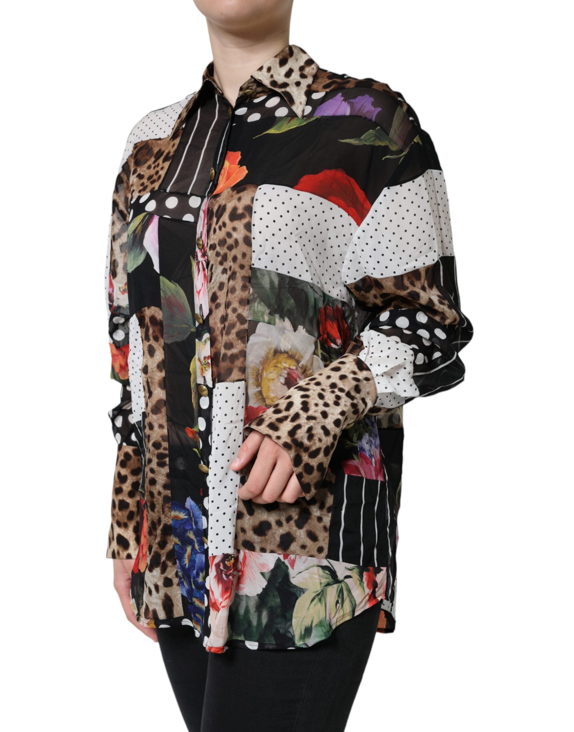 Dolce & Gabbana Multicolor Patchwork Silk Collared Blouse Women's Top (Pre-Owned)