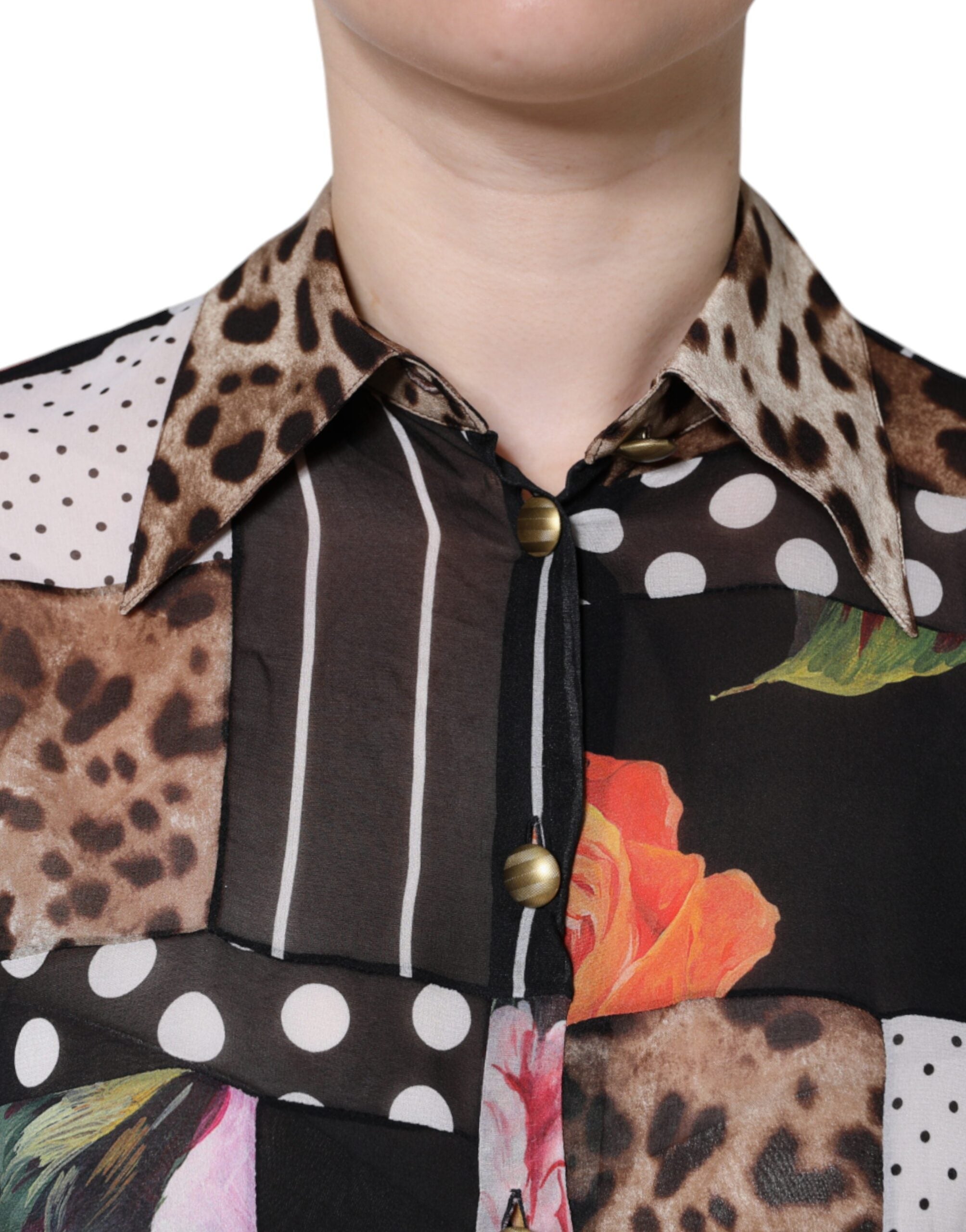 Dolce & Gabbana Multicolor Patchwork Silk Collared Blouse Women's Top (Pre-Owned)