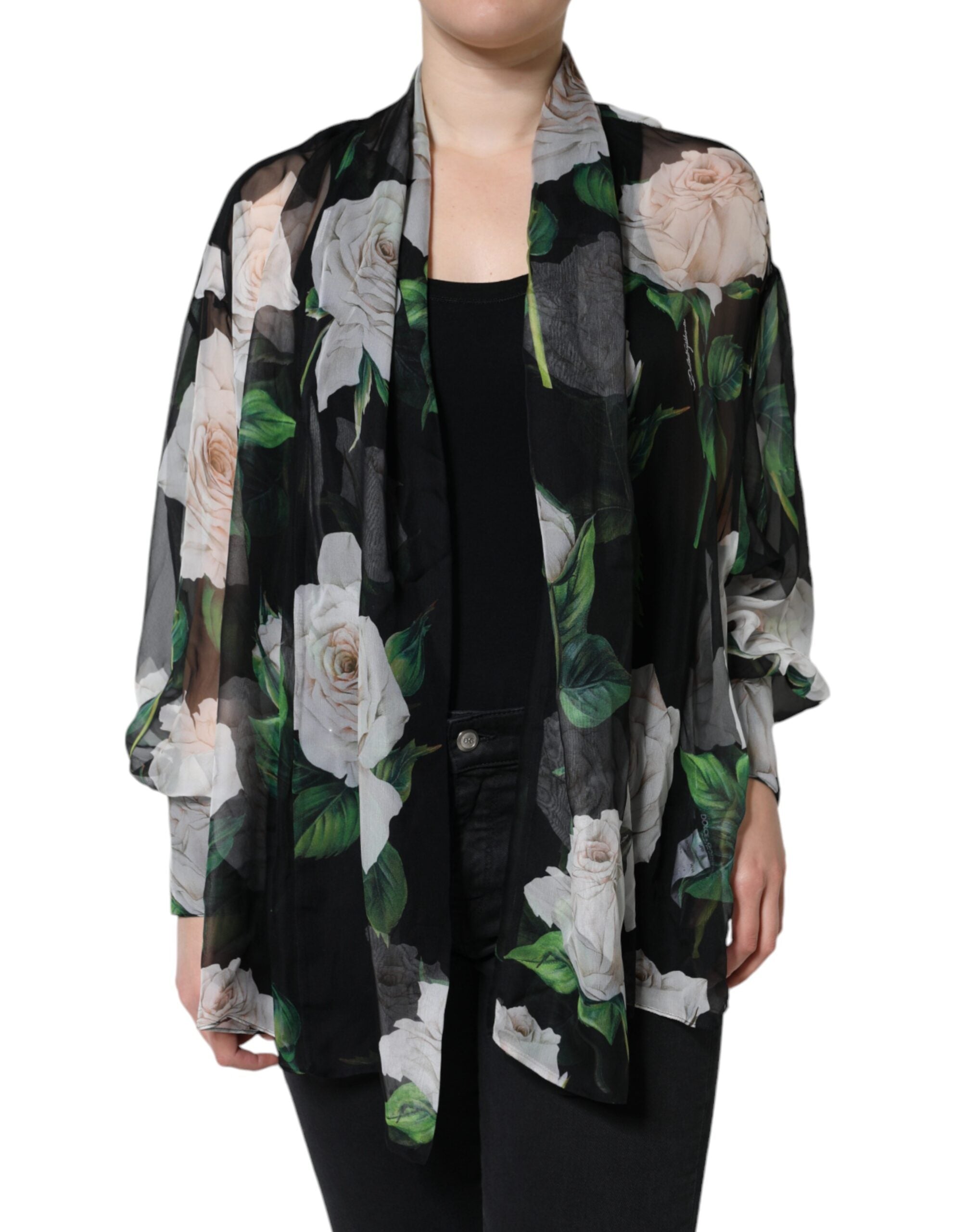 Dolce & Gabbana Black Floral Print Silk Cardigan Blouse Women's Top (Pre-Owned)