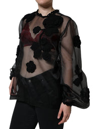 Dolce & Gabbana Black Nylon Mesh Transparent Floral Women's Blouse