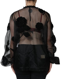 Dolce & Gabbana Black Nylon Mesh Transparent Floral Women's Blouse