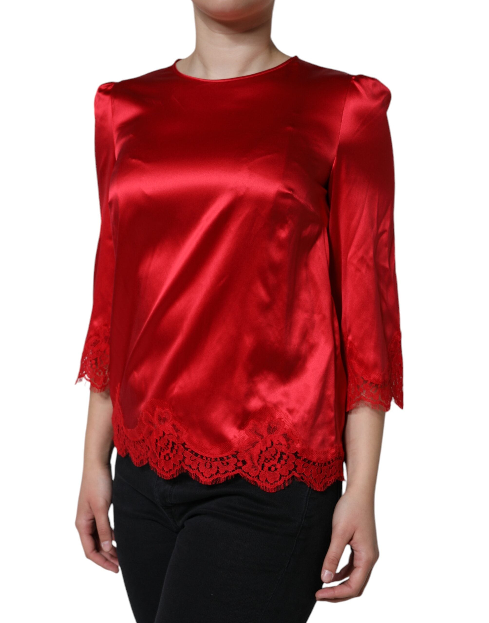Dolce & Gabbana Red Satin Lace Trim Round Neck Blouse Women's Top (Pre-Owned)