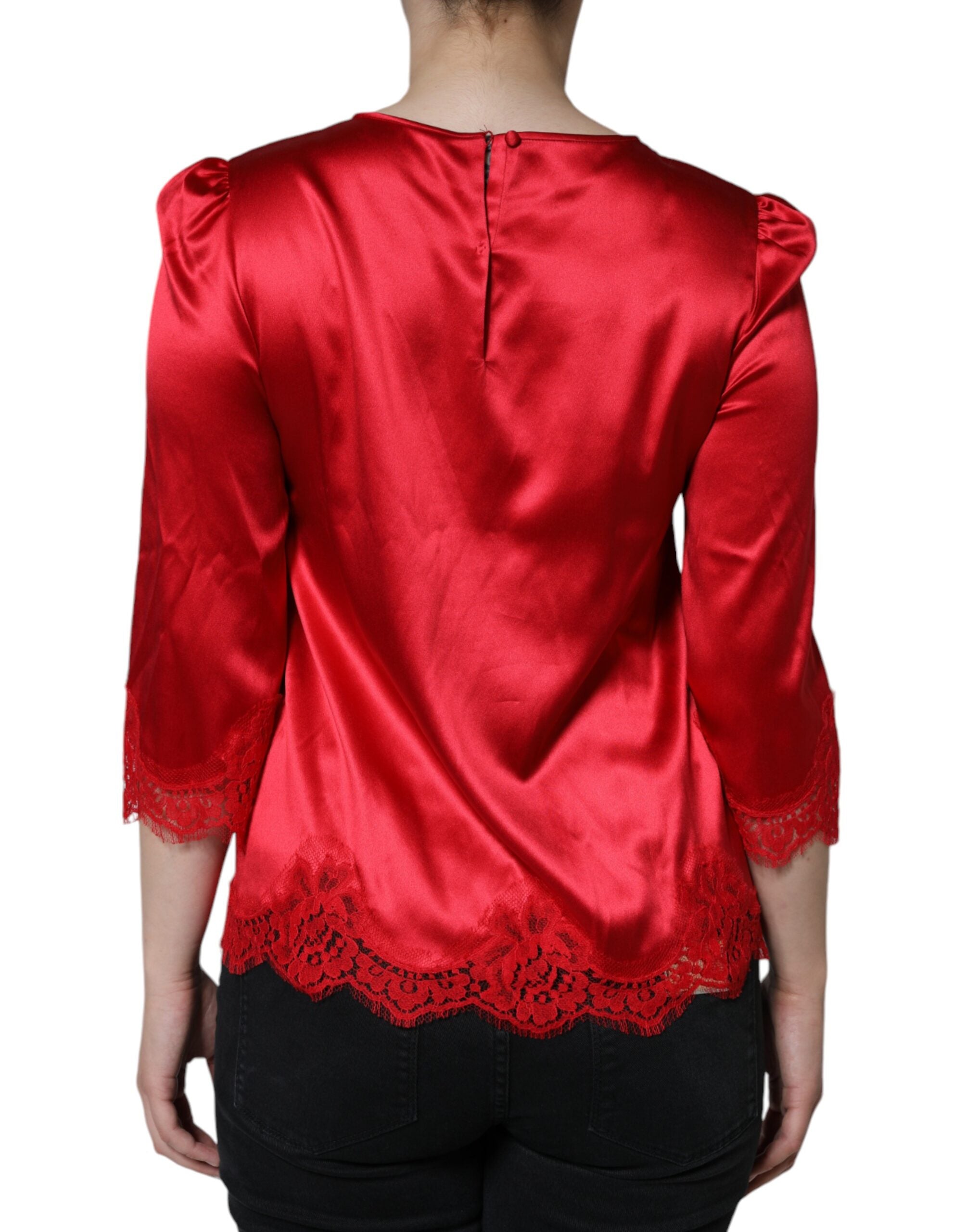 Dolce & Gabbana Red Satin Lace Trim Round Neck Blouse Women's Top (Pre-Owned)