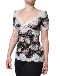 Dolce & Gabbana Black Floral Lace Short Sleeves Blouse Women's Top