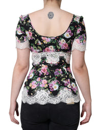 Dolce & Gabbana Black Floral Lace Short Sleeves Blouse Women's Top