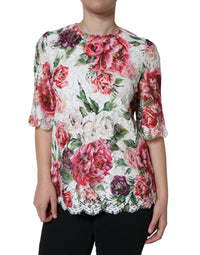 Dolce & Gabbana White Peony Lace Short Sleeves Blouse Women's Top