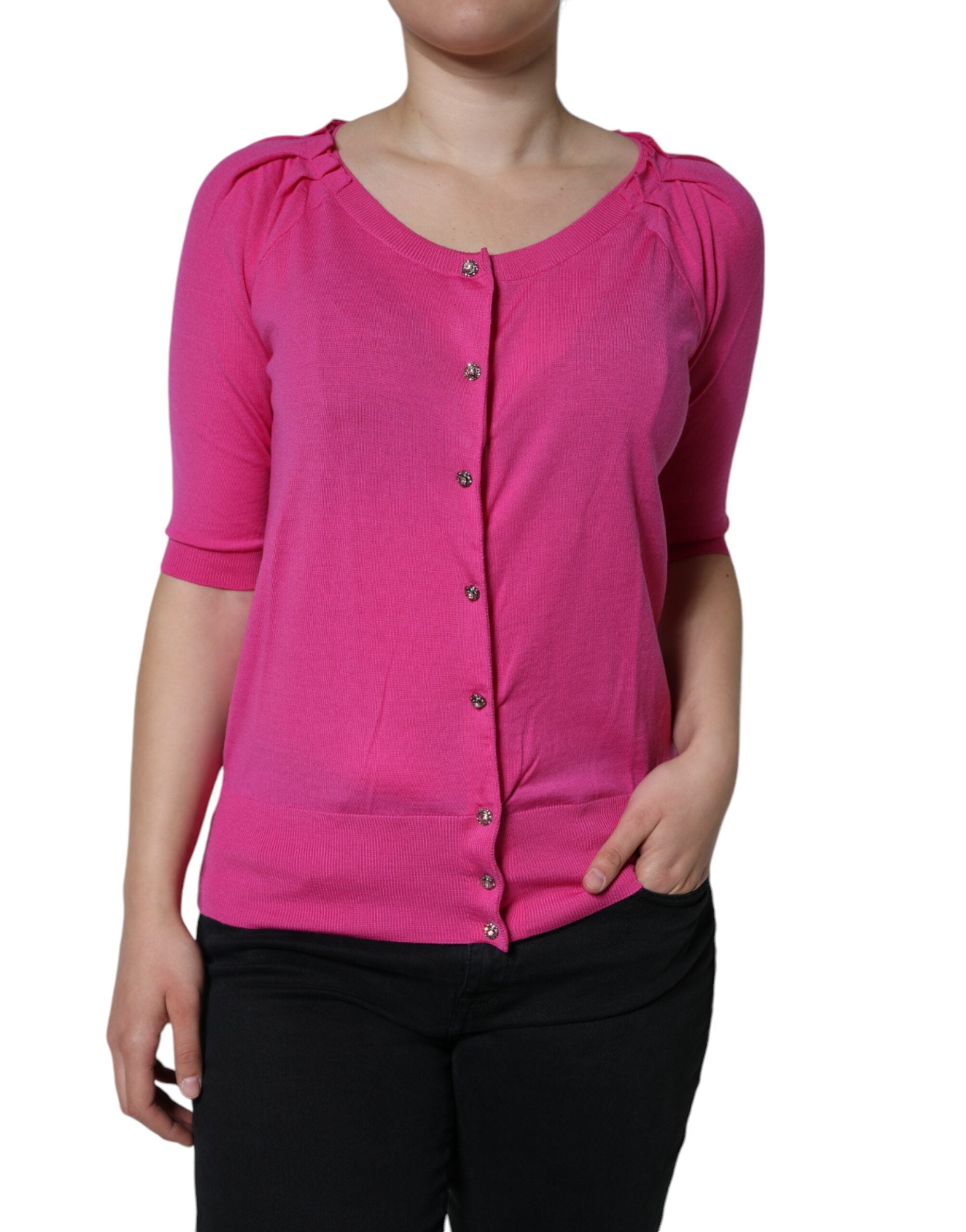 Dolce & Gabbana Pink Wool Button Down Short Sleeve Blouse Women's Top