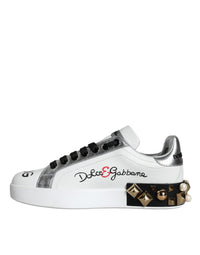 Dolce & Gabbana White Leather Floral Studded Sneakers Women's Shoes