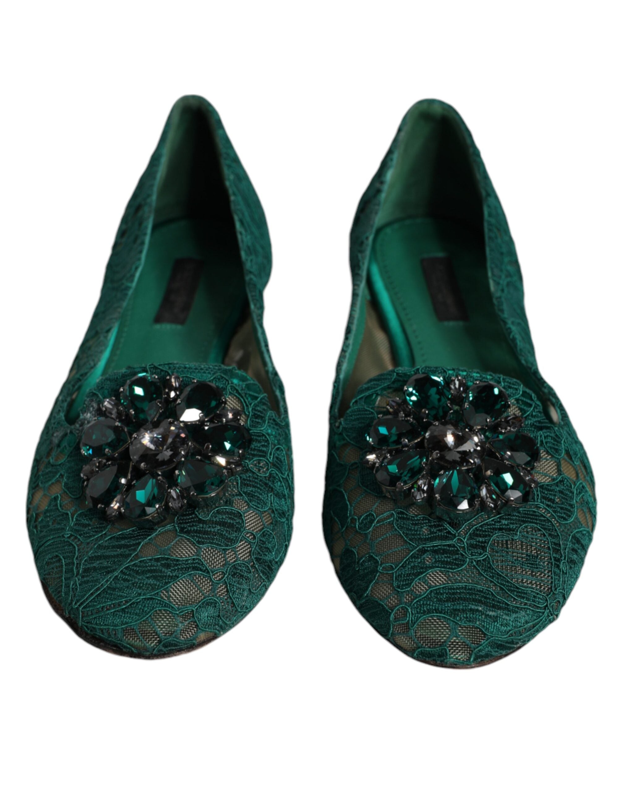 Dolce & Gabbana Green Lace Crystal Ballet Flats Loafers Women's Shoes (Pre-Owned)