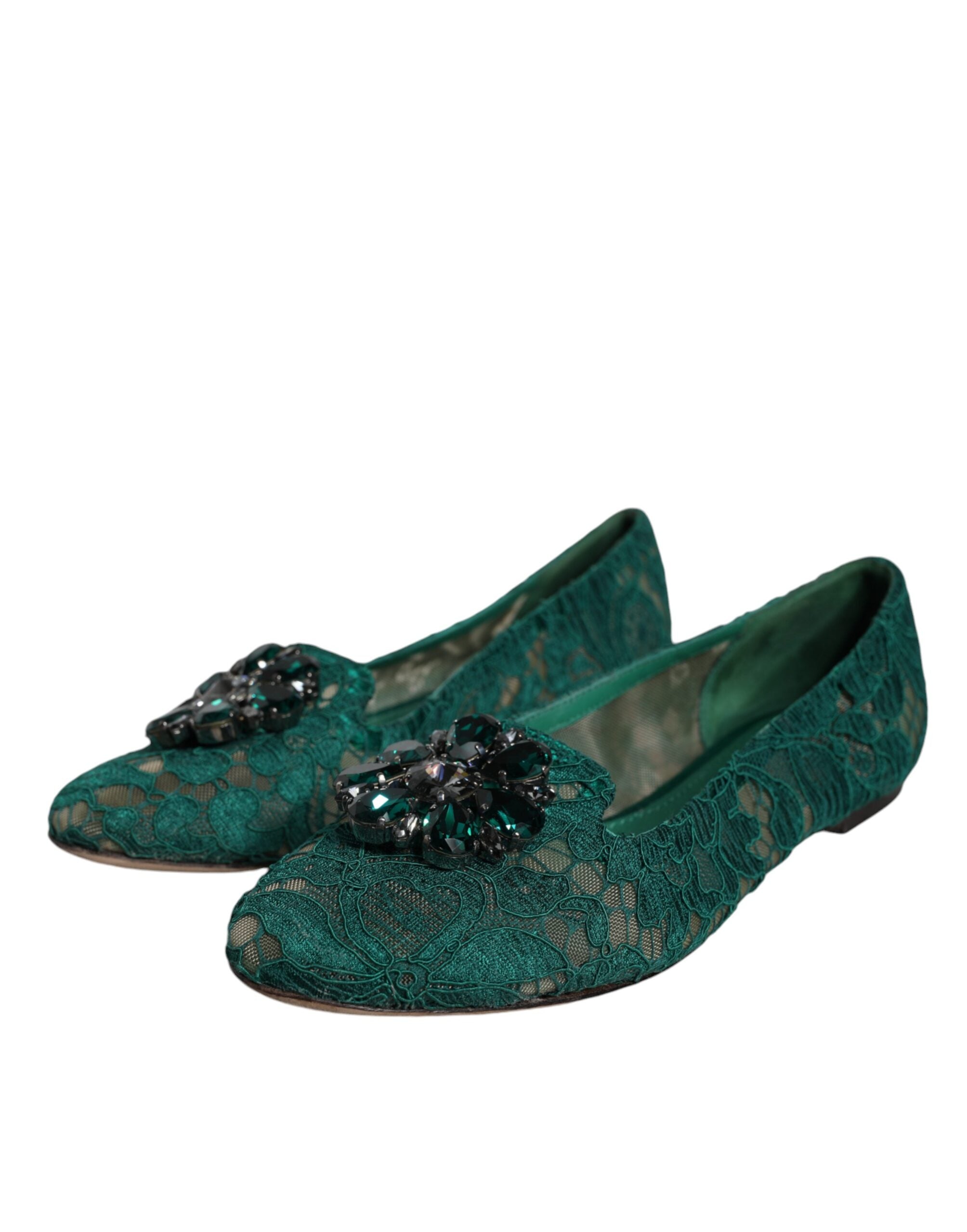 Dolce & Gabbana Green Lace Crystal Ballet Flats Loafers Women's Shoes (Pre-Owned)