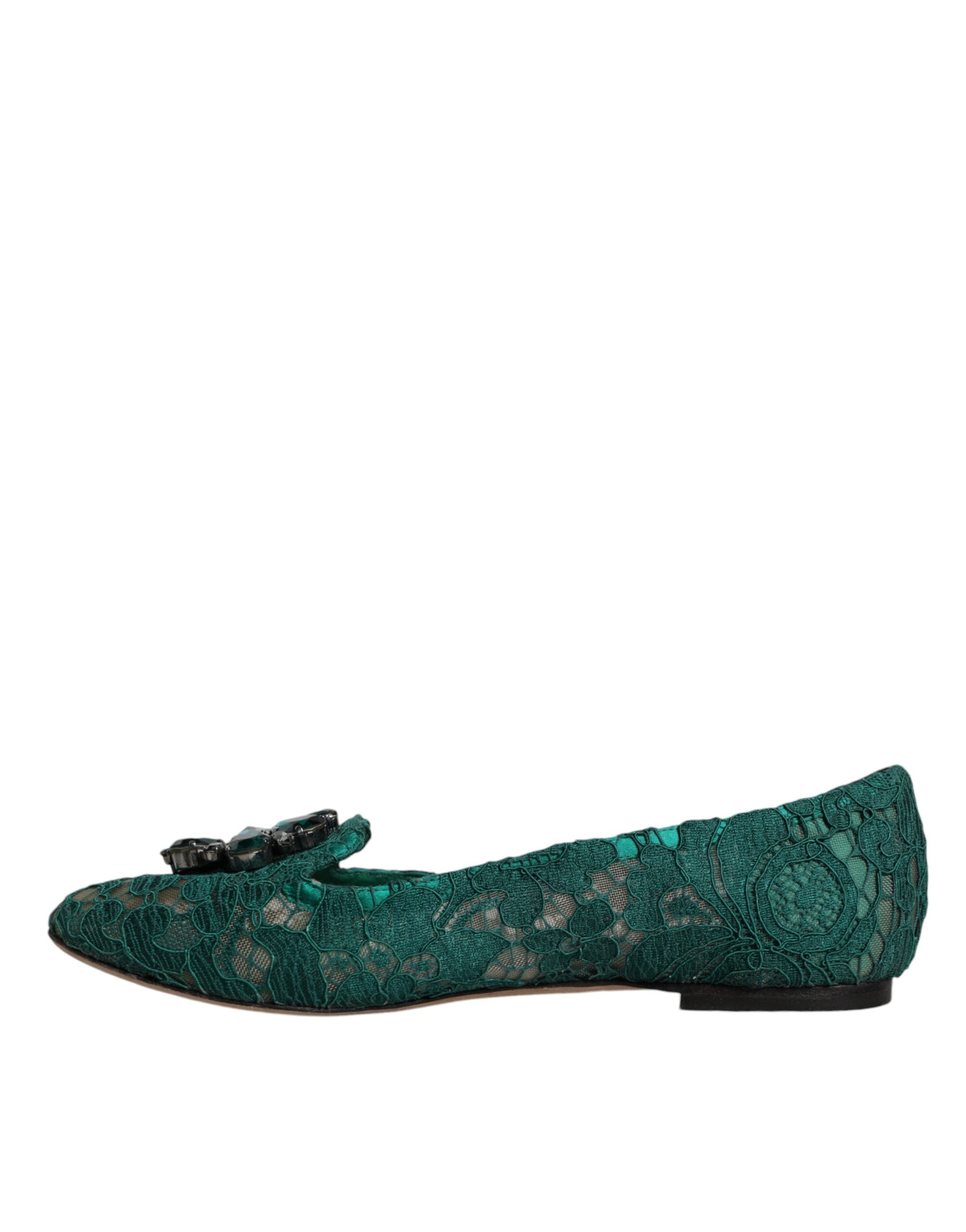 Dolce & Gabbana Green Lace Crystal Ballet Flats Loafers Women's Shoes (Pre-Owned)
