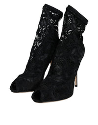 Dolce & Gabbana Black Lace Stretch Heels Mid Calf Boot Women's Shoes