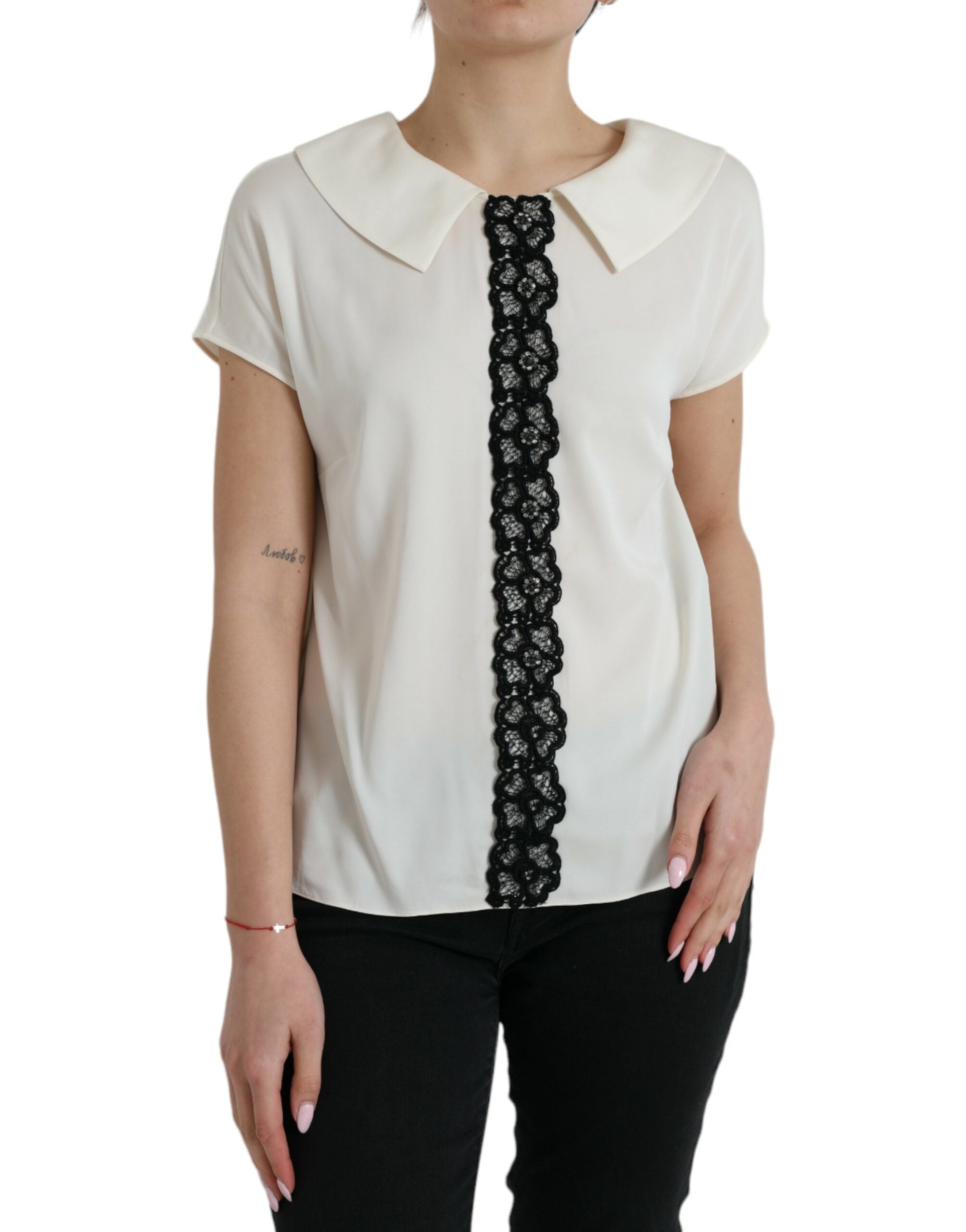 Dolce & Gabbana Elegant Off-White Lace-Trim Silk Women's Blouse