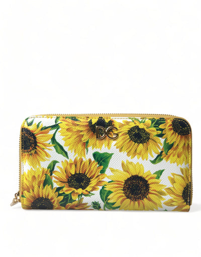 Dolce & Gabbana White Sunflower Leather DG Zip Around Continental Women's Wallet