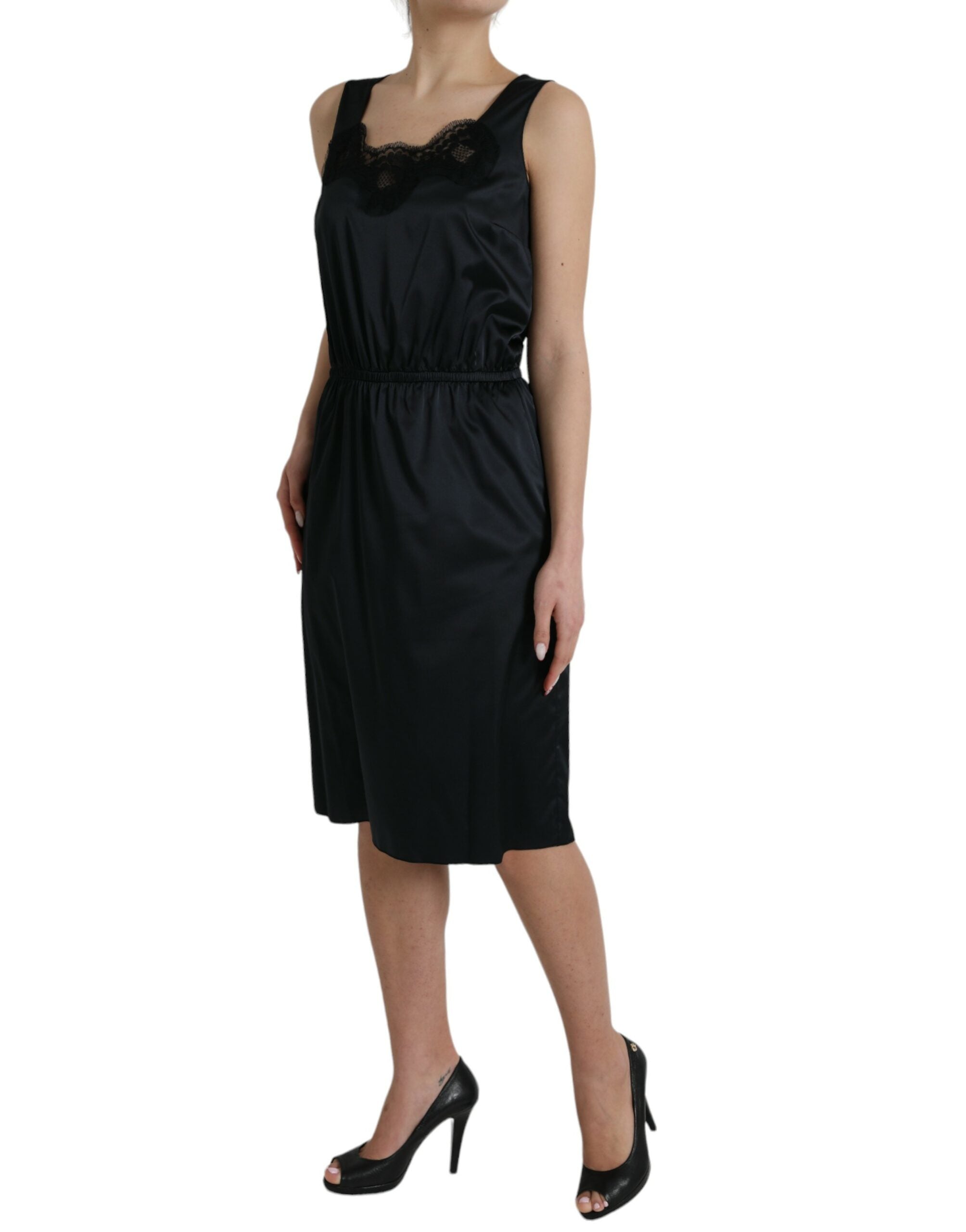 Dolce & Gabbana Black Polyester Lace Trim Sheath Midi Women's Dress