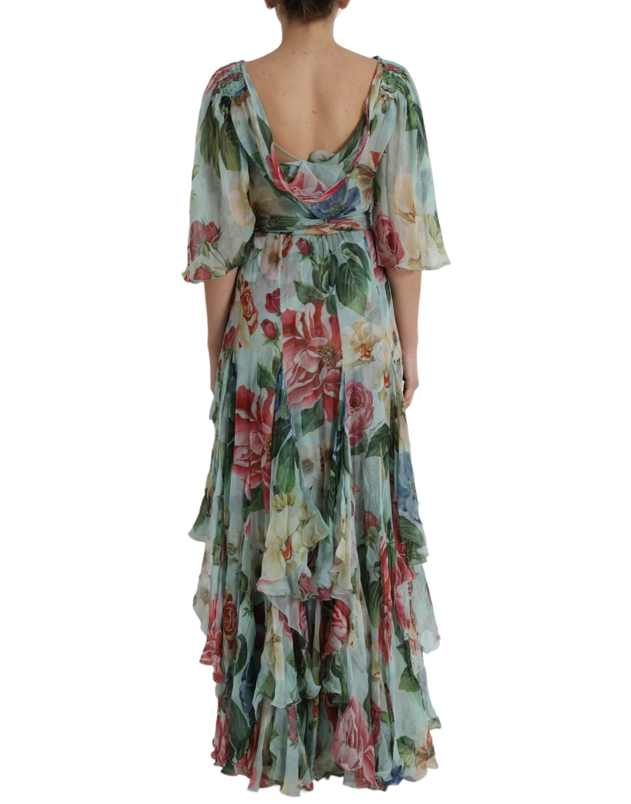 Dolce & Gabbana Blue Floral Print Tiered Long Maxi Women's Dress