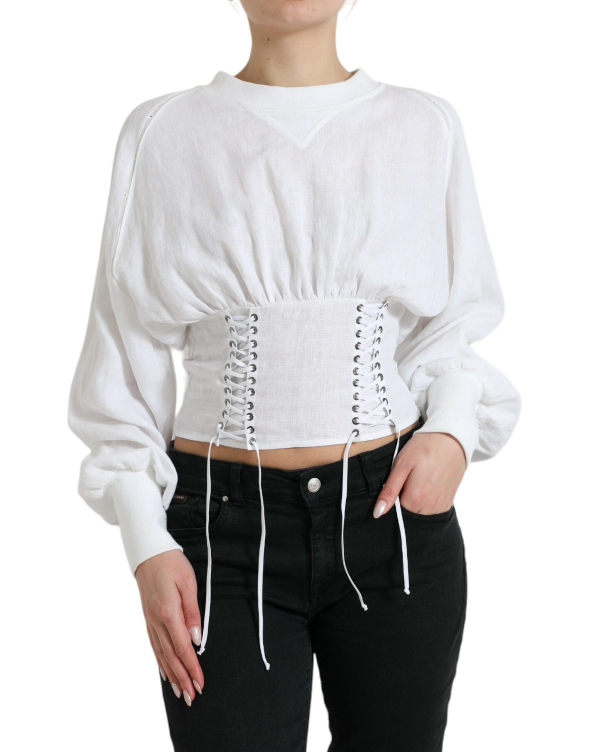 Dolce & Gabbana Elegant White Lace-Up Corset Cropped Women's Top