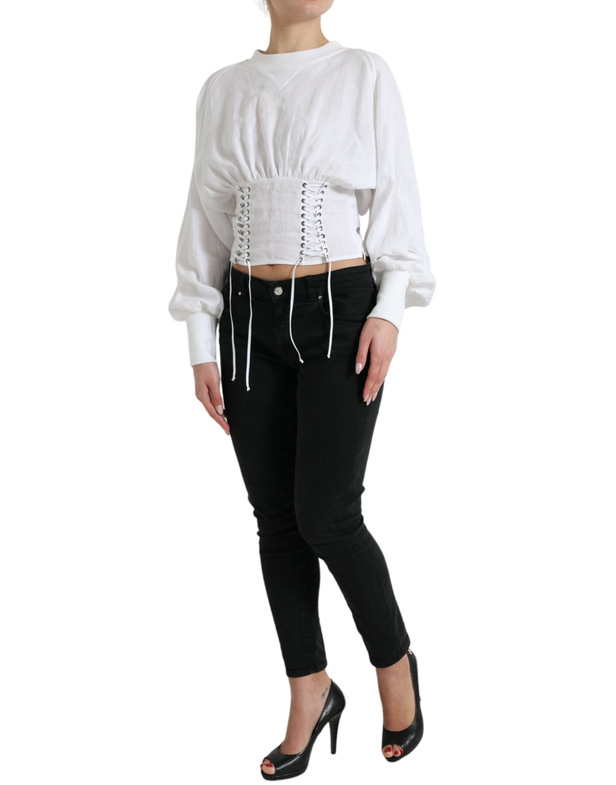 Dolce & Gabbana Elegant White Lace-Up Corset Cropped Women's Top