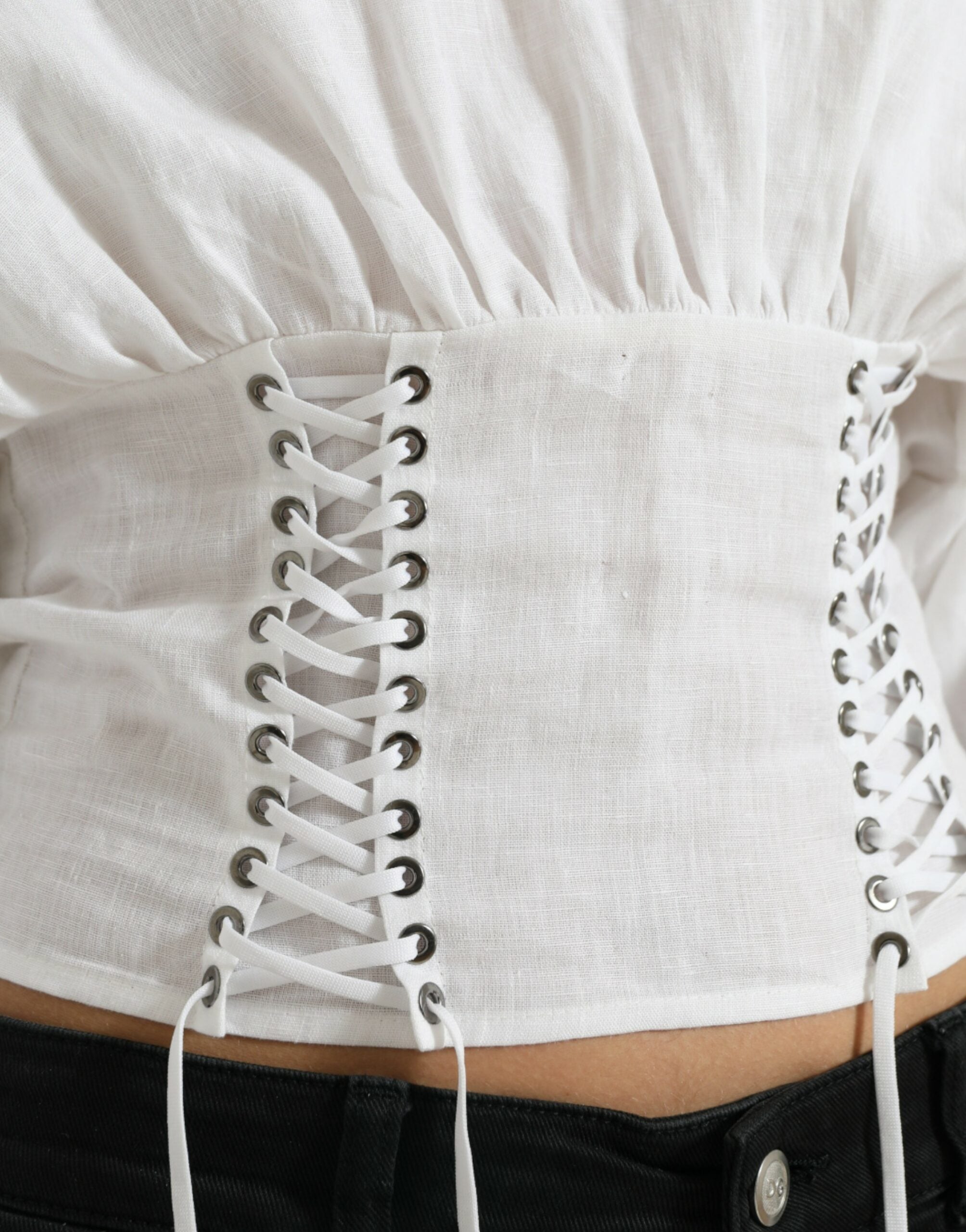 Dolce & Gabbana Elegant White Lace-Up Corset Cropped Women's Top
