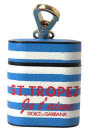 Dolce & Gabbana Blue Stripe Dauphine Leather Logo Print Airpod Women's Case