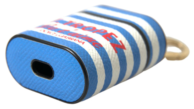 Dolce & Gabbana Blue Stripe Dauphine Leather Logo Print Airpod Women's Case