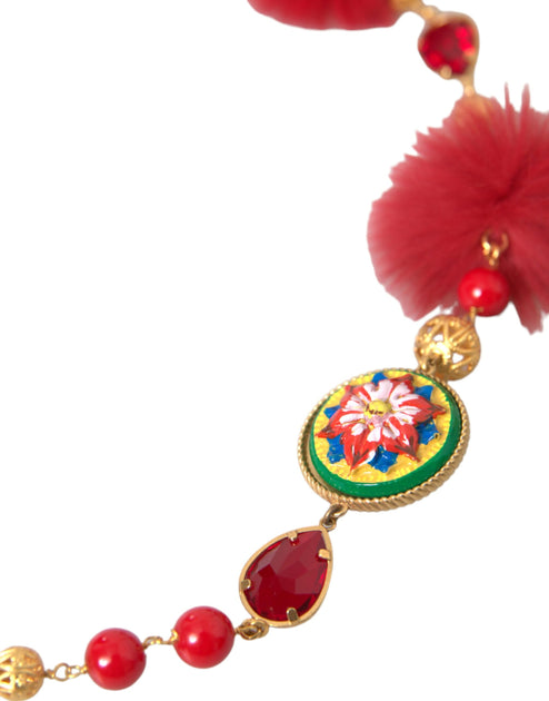 Dolce & Gabbana Gold Brass Red Fur Crystal Carretto Chain Women's Neck ...