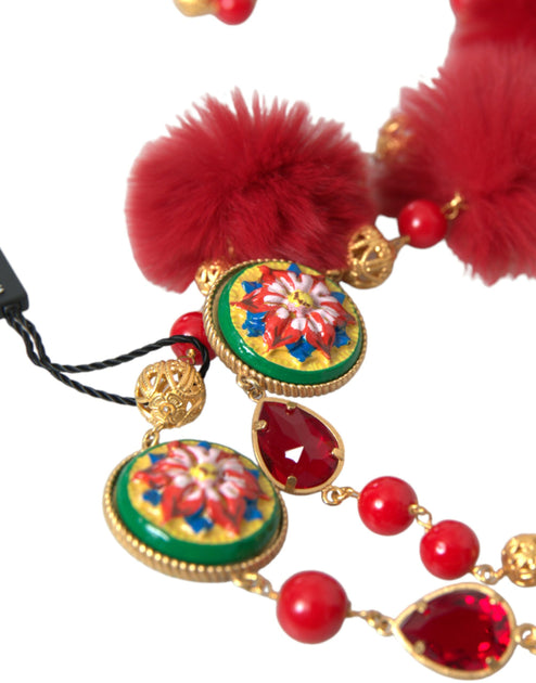 Dolce & Gabbana Gold Brass Red Fur Crystal Carretto Chain Women's Neck ...