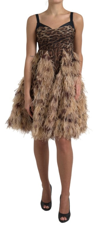 Dolce & Gabbana Sleeveless Leopard Chiffon Ostrich-Feather Women's Dress