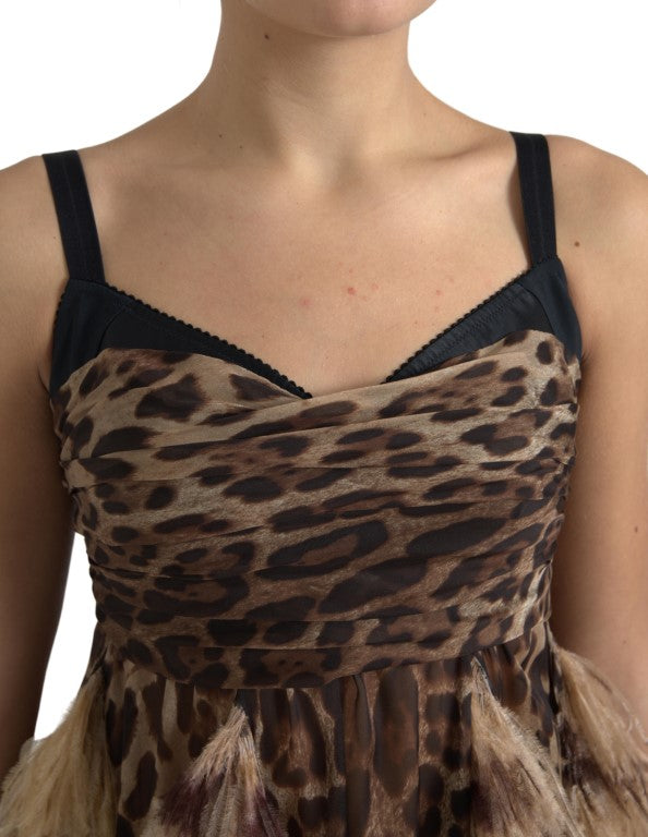Dolce & Gabbana Sleeveless Leopard Chiffon Ostrich-Feather Women's Dress