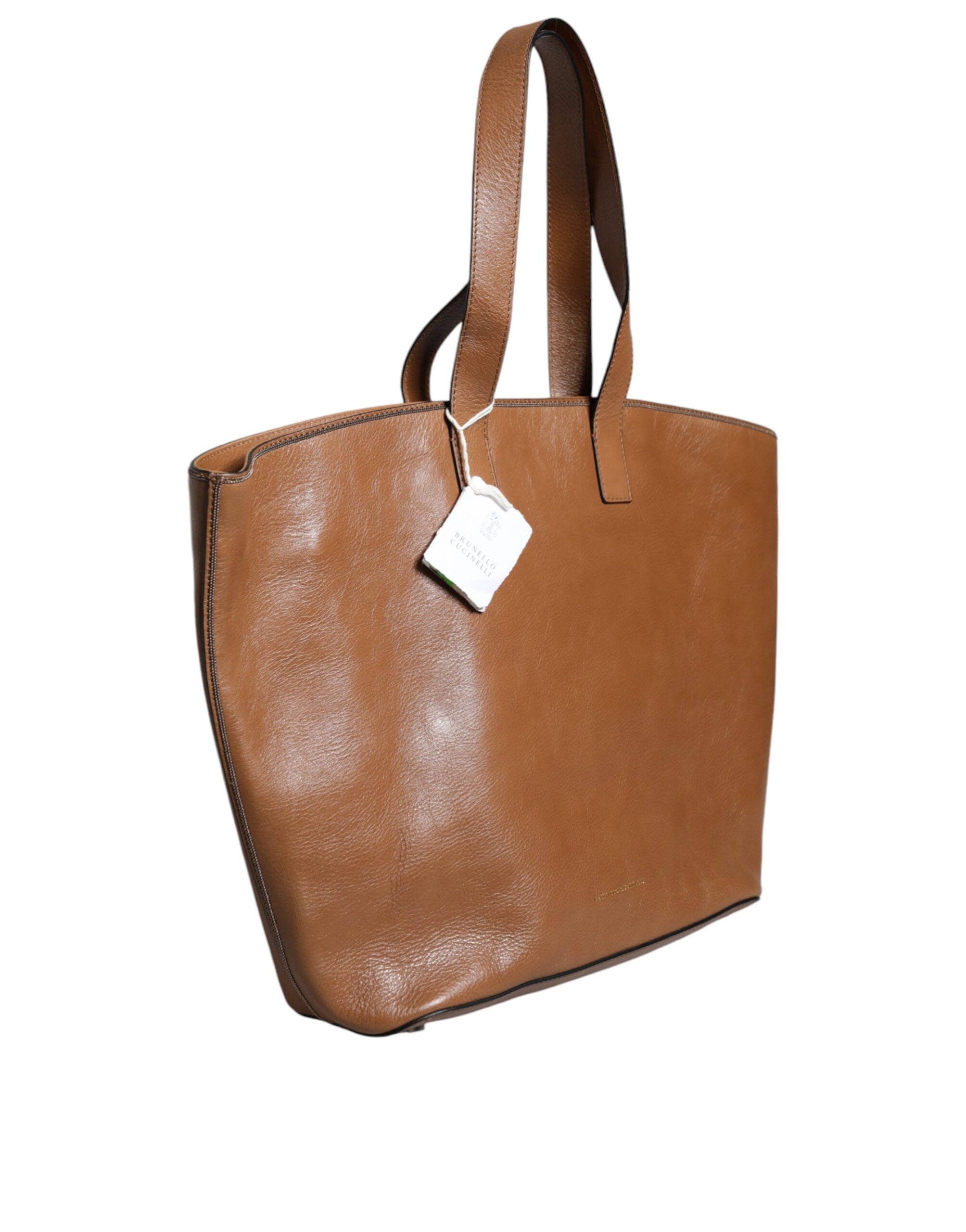 Brunello Cucinelli Brown Leather Logo Shoulder Strap Shopping Tote Women's Bag (Authentic Pre-Loved)
