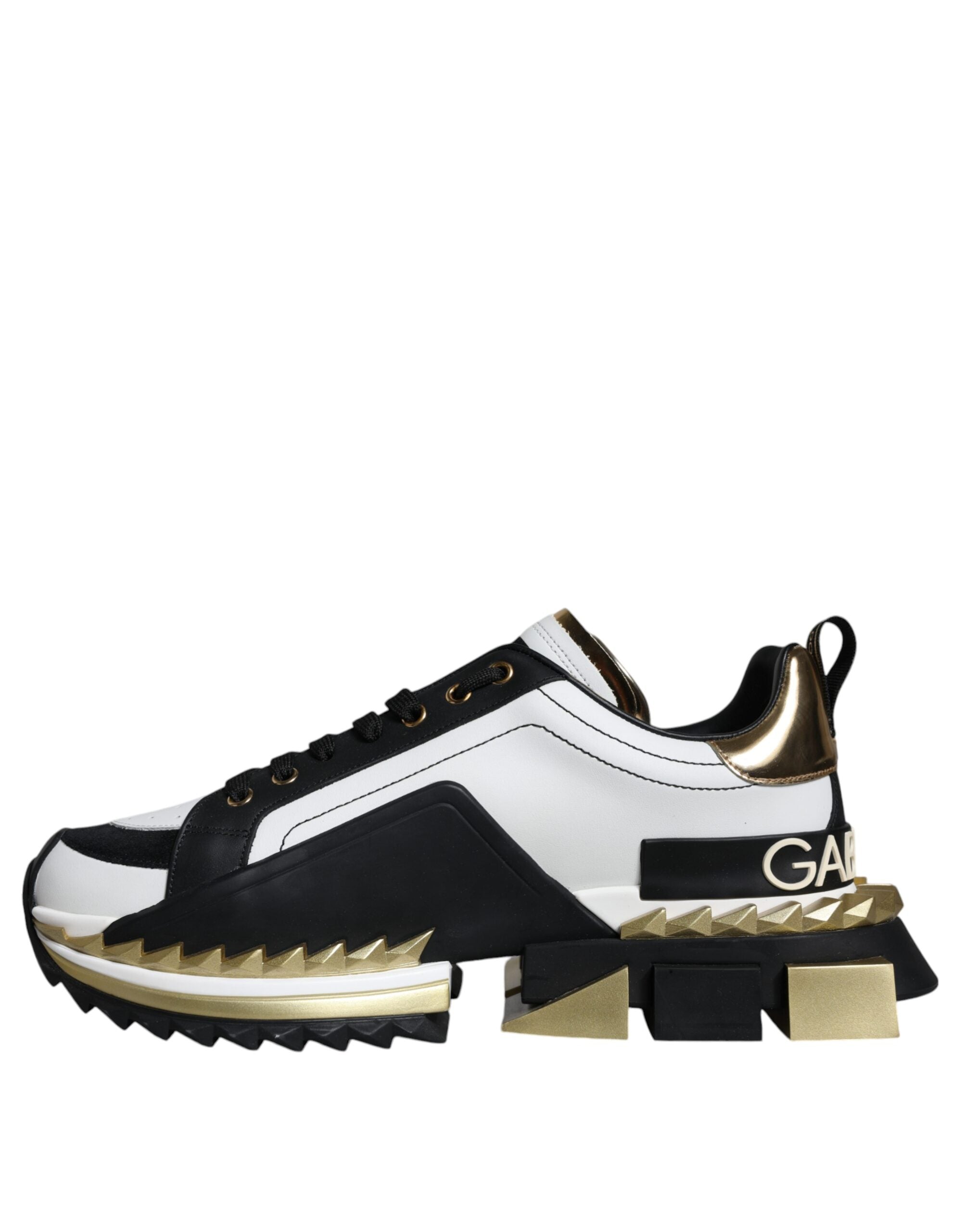 Dolce & Gabbana White Gold Black Leather SUPER KING Sneakers Men's Shoes