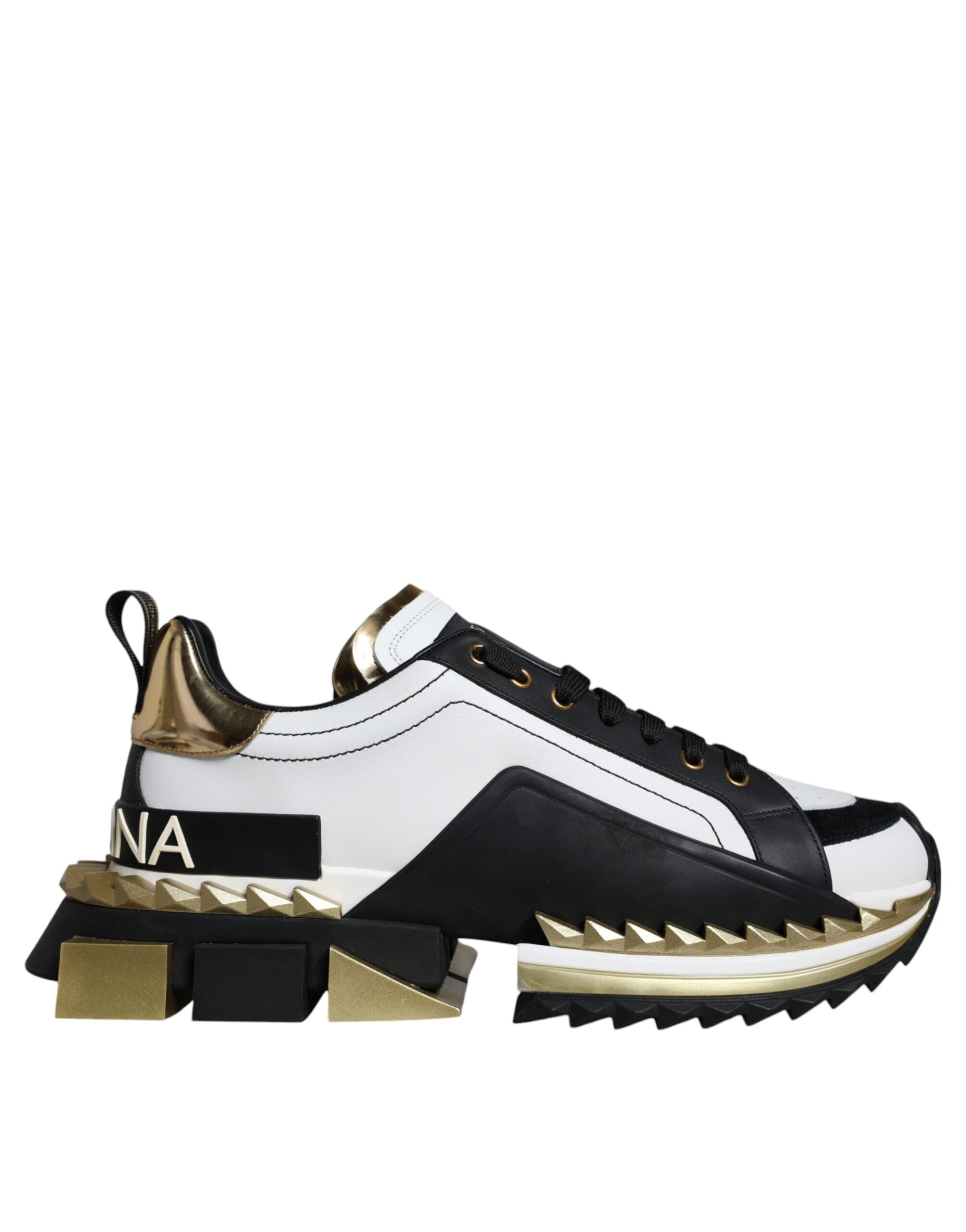 Dolce & Gabbana White Gold Black Leather SUPER KING Sneakers Men's Shoes