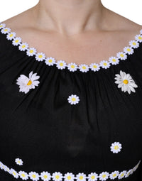 Dolce & Gabbana Black Silk Daisy A-line Long Maxi Women's Dress