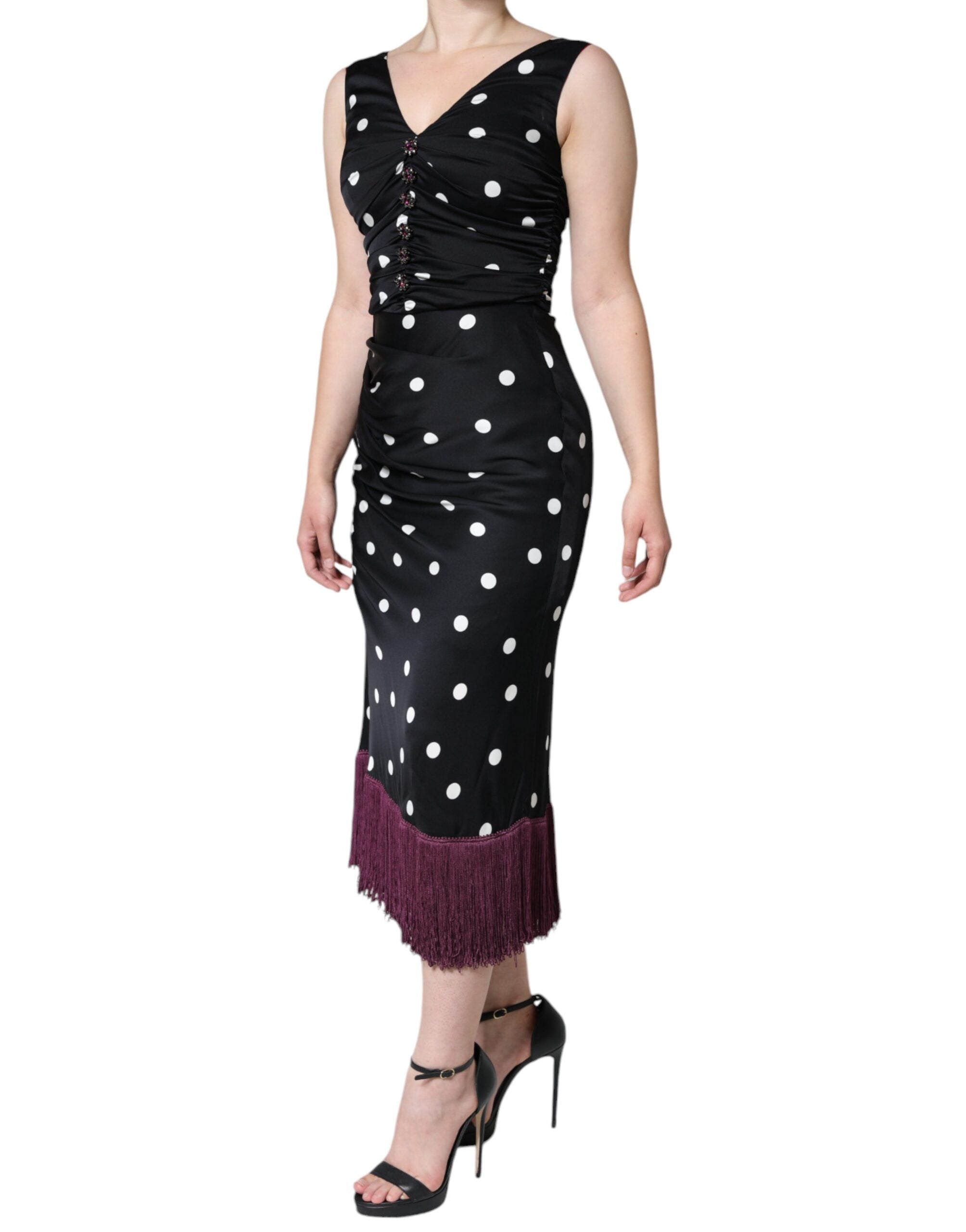 Dolce & Gabbana Black Silk Polka Dot Vneck Tassel Midi Women's Dress