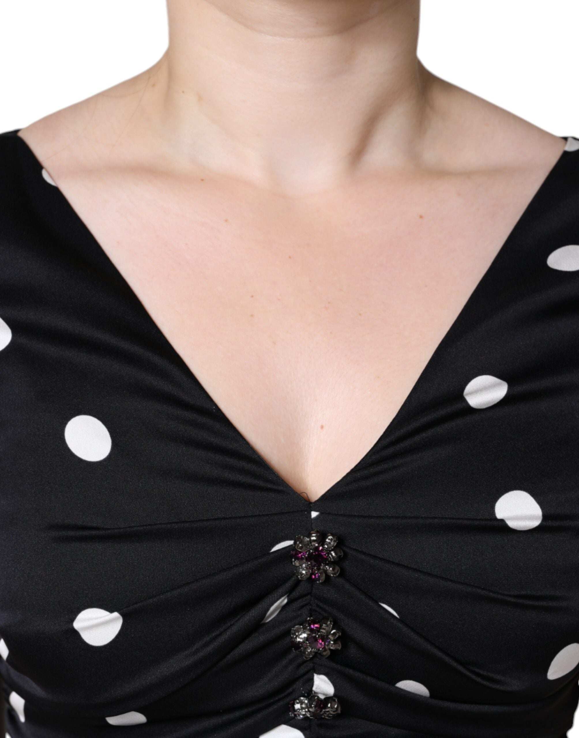Dolce & Gabbana Black Silk Polka Dot Vneck Tassel Midi Women's Dress