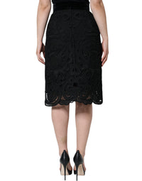 Dolce & Gabbana Black Floral Lace High Waist Pencil Cut Women's Skirt