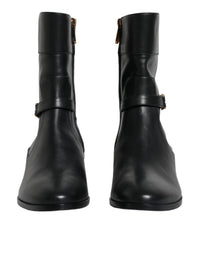 Dolce & Gabbana Black Leather Logo Mid Calf Boots Women's Shoes