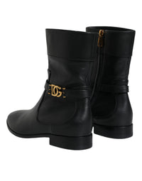 Dolce & Gabbana Black Leather Logo Mid Calf Boots Women's Shoes