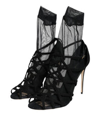 Dolce & Gabbana Black Tulle Stretch Heels Sandals Women's Shoes
